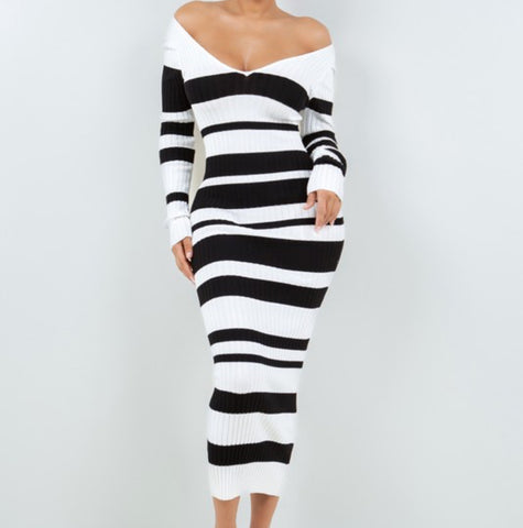 Long Sleeve Striped Off Shoulder Maxi Dress