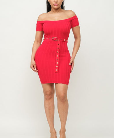 Off Shoulder Ribbed Mini Dress w/ Belt