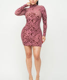 GEO Burnout Mesh & Suede Long Sleeve Mini Dress